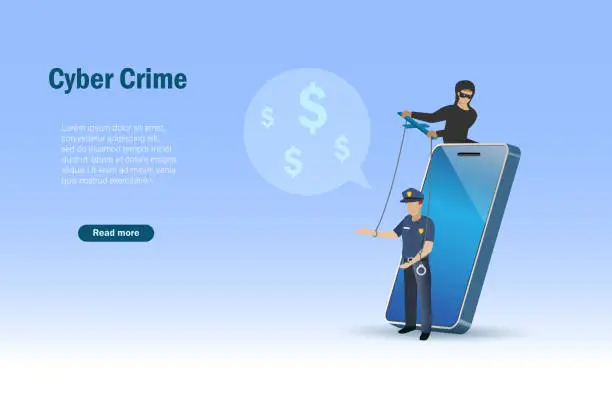 Vector illustration of Hacker with police puppet online phishing money victim. Digital cyber crime, hacking, phishing, scam alert and cyber security awareness concept.