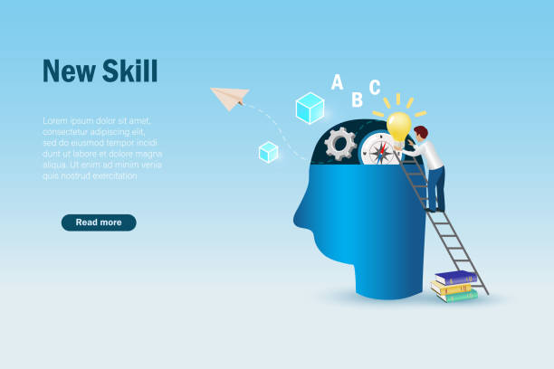 istock Learn new work skills. Man put lightbulb, compass and gear icons to human head, up new skills to improve job capacity and performance. 1480247745