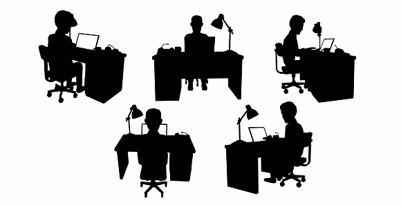 vector set of silhouettes of men working in the office, a man typing on the computer at the desk