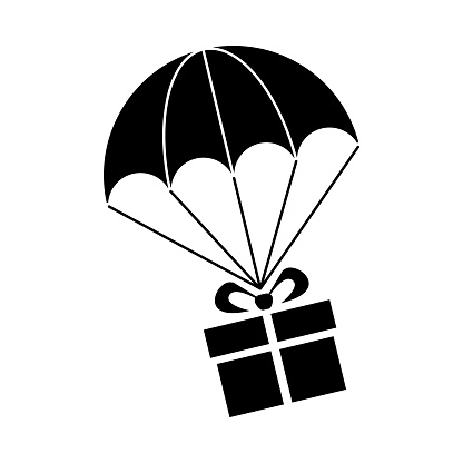 Fast delivery cargo icon. Parachute with gift box. Vector on transparent background