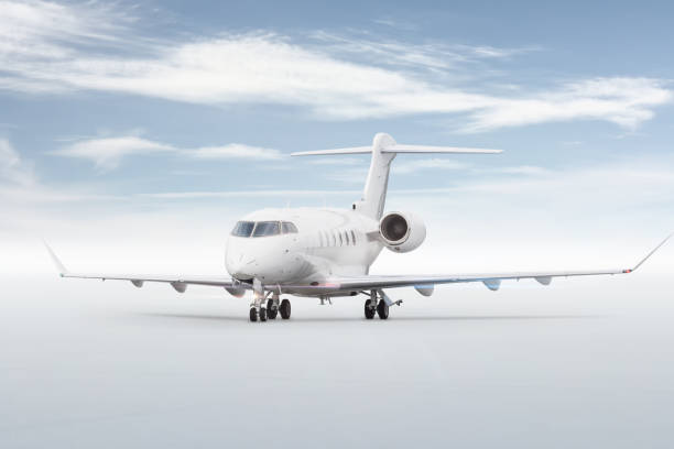 istock Modern white business jet isolated on bright background with sky 1480254991