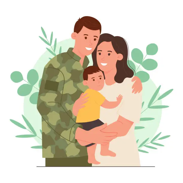 Vector illustration of Happy family. Woman and a man hold their son in their arms. Man in a military uniform. Family of a military serviceman. Vector illustration