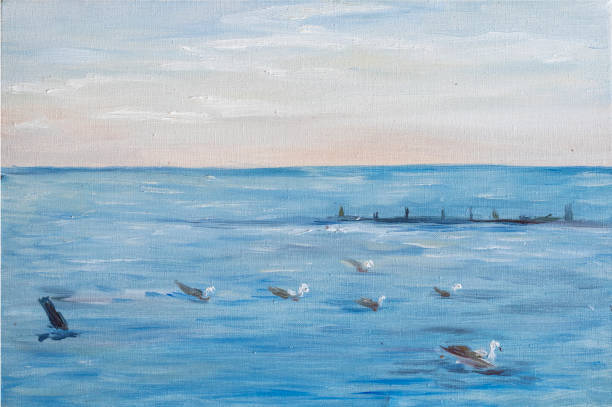 istock seascape with sea and seagulls hand-painted with oil paints, horizontal 1480255264