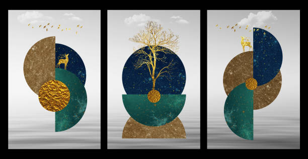 istock Illustration wall art decor. turquoise, brown, golden, and blue circles. 3d tree and deer in light gray background 1480255434