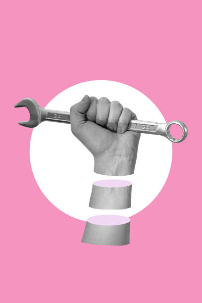 istock Art collage art, Hand with a wrench on pink background. 1480256342