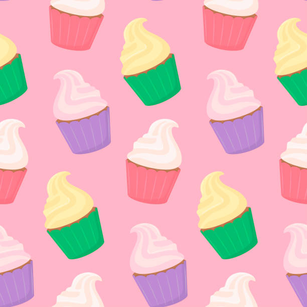 istock Seamless pattern of sweet multi-colored delicious cupcakes with cream on a light pink background. Vector illustration of a dessert in a flat style. 1480256511