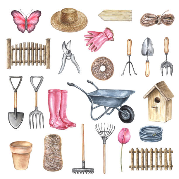 istock Watercolor garden tools for Farmhouse gardening 1480256621