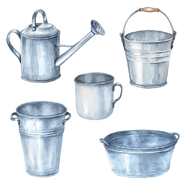 illustrations, cliparts, dessins animés et icônes de ensemble décor d’élément en fer rustique de jardin - galvanized bucket