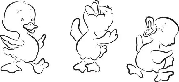 Vector illustration of Black and White Cartoon Ducklings
