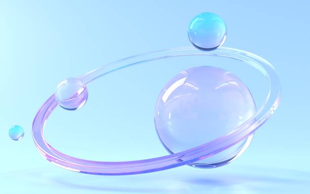 반지 3d 렌더링이 있는 무지개 빛깔의 크리스탈 구체. 유리 미래 행성, 홀로그램 그라데이션 질감이 있는 기하학적 모양의 추상적인 공간 구성, 고립된 우주 예술 개체 - sphere glass bubble three dimensional shape 뉴스 사진 이미지