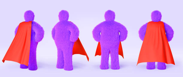 Superhero yeti in red cloak front, side and back view 3d render. Sasquatch cartoon character, funny hairy monster with cape in hero pose, isolated purple snowman, bigfoot, icons set. 3D illustration