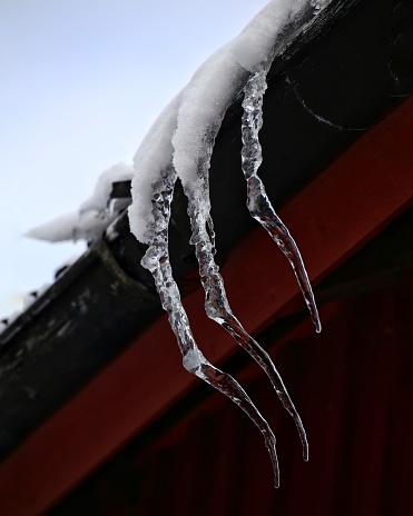 Unique icicles at the edge of the roof, shaped like hands or claws.
