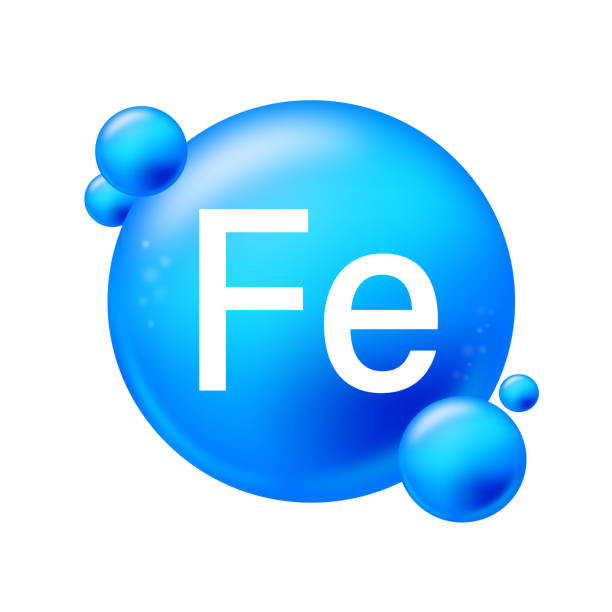 феррум, fe. иконка структуры химического элемента круглой формы круга светло-голубого цвета. химический элемент периодической таблицы - железо stock illustrations