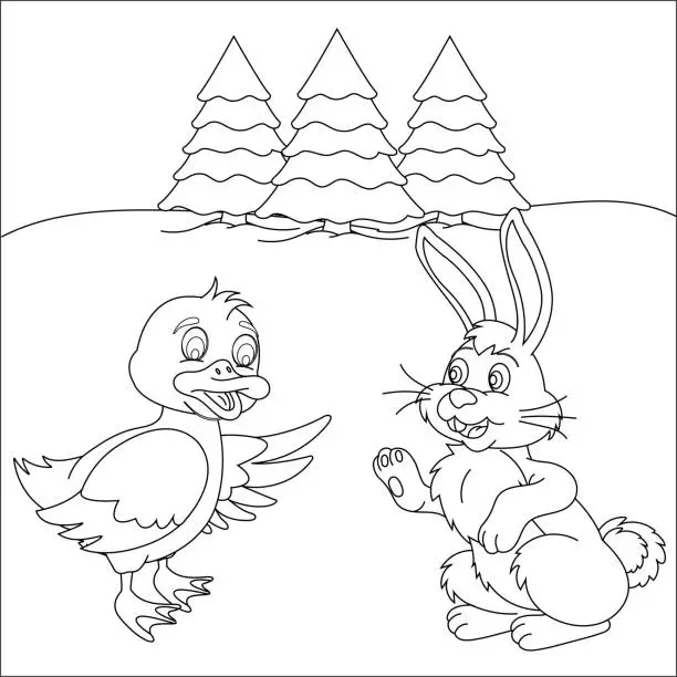 Vector illustration of Duck and rabbit are talking coloring page. Coloring book for kids