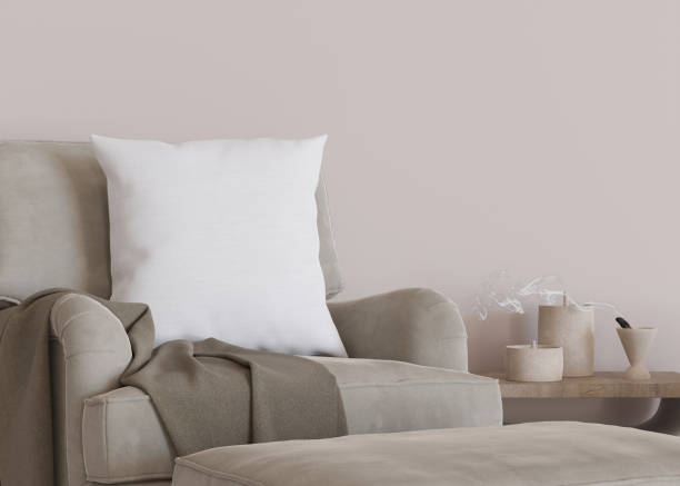 istock White square pillow in modern room. Blank cushion case template for your graphic design presentation. Pillow cover mock up for print, pattern, personalized illustration. Close-up. 3D rendering. 1480263844