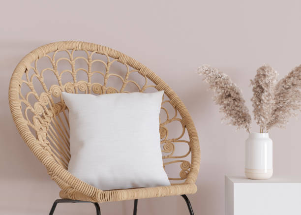 White square pillow in modern room. Blank cushion case template for your graphic design presentation. Pillow cover mock up for print, pattern, personalized illustration. Close-up. 3D rendering.