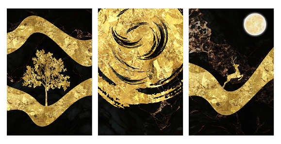 3d art mural wallpaper with black marbled background, golden tree,  shapes, mountain, golden moon in the sky. For canvas use as a frame on wall decor