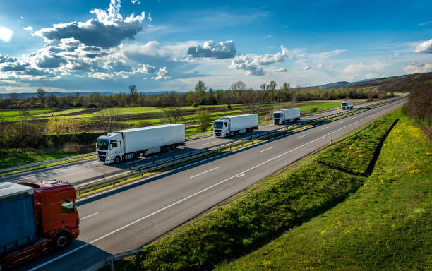 istock Convoy of white transportation trucks 1480265313