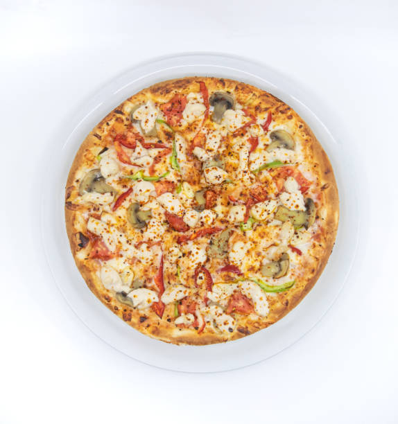 istock Chicken pizza with vegetables from top view isolated on white background 1480265422