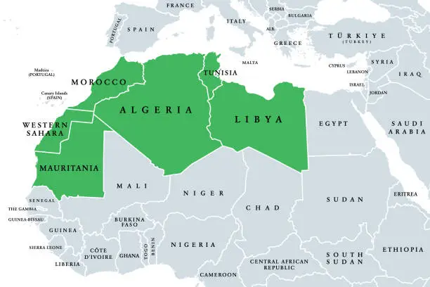 Vector illustration of Maghreb, Arab Maghreb or also Northwest Africa, political map