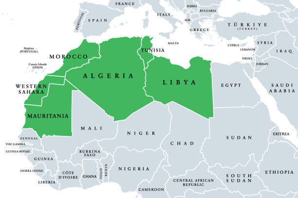 maghreb, arab maghreb or also northwest africa, political map - 阿爾及利亞 幅插畫檔、美工圖案、卡通及圖標