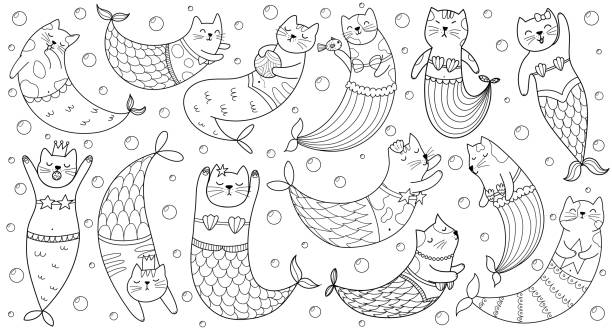 ilustrações de stock, clip art, desenhos animados e ícones de cute mermaid cats black and white set for coloring book. funny feline characters under the sea coloring page - animals and pets isolated objects sea life