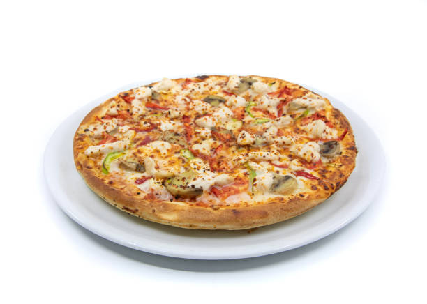istock Chicken pizza with vegetables from top view isolated on white background 1480269384