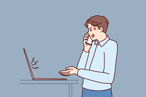 Dissatisfied manager makes phone call standing near laptop and quarreling due to errors in report Dissatisfied manager makes phone call standing near laptop and quarreling with employees due to errors in financial report. Crazy boss angry after computer crash quarreling with support staff laptop hover stock illustrations