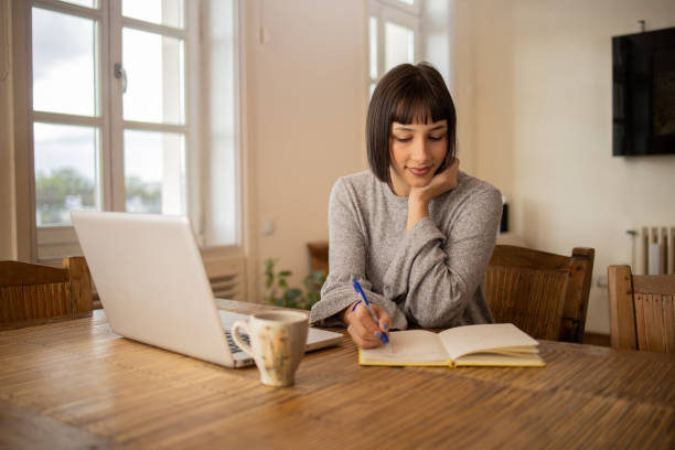 istock Happy young woman is learning online 1480270628