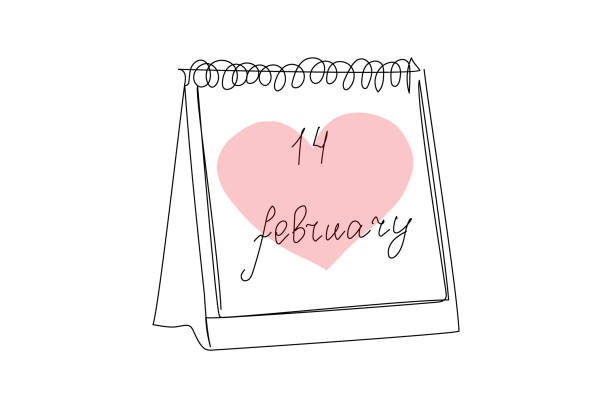 illustrations, cliparts, dessins animés et icônes de happy valentines day dessin au trait continu. one line art de lettrage anglais écrit à la main avec calendrier à feuilles mobiles avec date et grand cœur, 14 février. - romance backgrounds sticky paper