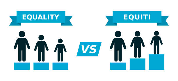 Equity vs. Equality concept. Equity refers to an idea of fairness. Equality refers to idea of sameness. People standing on different starting positions to reach an equal outcome. Vector illustration equity vs equality stock illustrations