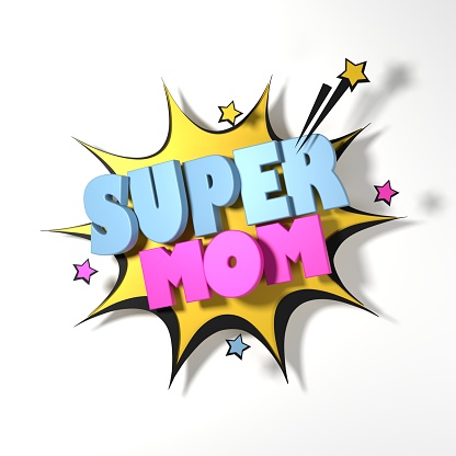 Cartoon style pop art Super Mom poster to celebrate Mother's Day on white background. Easy to crop for all your social media and print sizes.