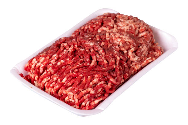 istock Raw ground beef in a white polystyrene tray isolated on a white background. Fresh ground beef isolated on white background. 1480276090