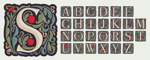 illuminated initial alphabet with curve leaf ornament and tulips. medieval dim colored fancy drop cap logos. - anglosakson stock illustrations