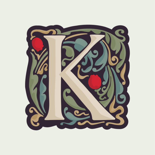 litera k podświetlona inicjałem z ornamentem liści i tulipanami. średniowieczne przyciemnione kolorowe fantazyjne logo z daszkiem. - antique signs obrazy stock illustrations