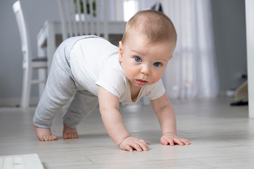 Cute baby with blue eyes stand in plank position crawling on all four in home interior. Stages of baby movement development or motor skills. Baby yoga or baby exercises.
