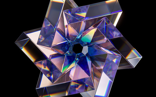 Glass geometries with dispersion colors, 3d rendering. Digital drawing.
