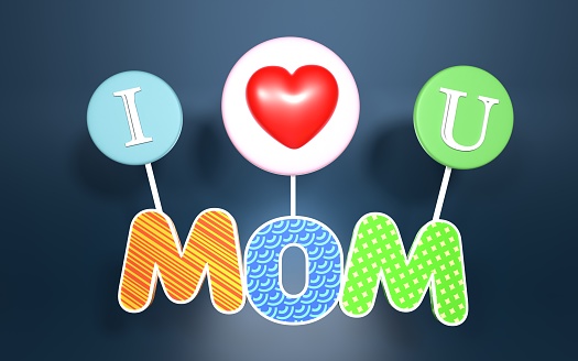 Mother's Day greeting card MOM title with I love you straws against blue background. Easy to crop for all your social media and print sizes.