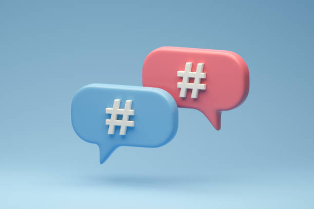 istock Blue and pink message icons with a hashtag sign on a blue background. 1480282510