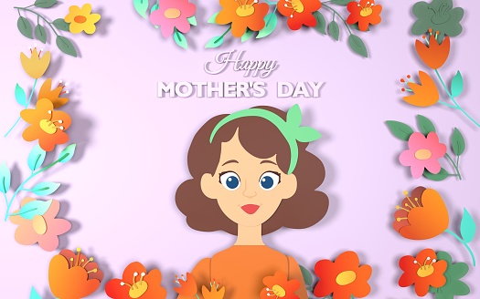 Mother's Day greeting card with mother while celebrating Mother's Day against pink background with floral design. Easy to crop for all your social media and print sizes.