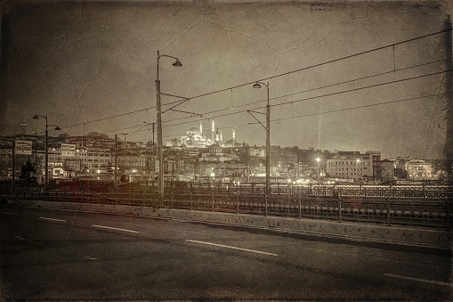 Eminonu, Istanbul, Trkiye. April 4, 2023.istanbul is the dream city. The Historic Peninsula in Istanbul is one of the oldest and most popular areas of the city for tourists. The view of the historical peninsula in the early morning. Old photo effect.
