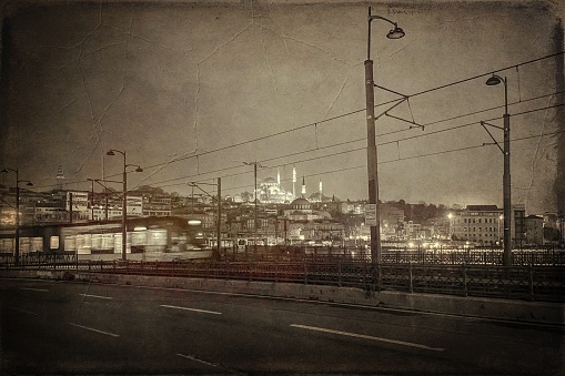 Eminonu, Istanbul, Trkiye. April 4, 2023.istanbul is the dream city. The Historic Peninsula in Istanbul is one of the oldest and most popular areas of the city for tourists. The view of the historical peninsula in the early morning. Old photo effect.