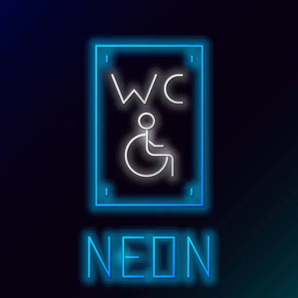 Vector illustration of Glowing neon line Separated toilet for disabled persons icon isolated on black background. Handicapped accessible male and female WC. Colorful outline concept. Vector