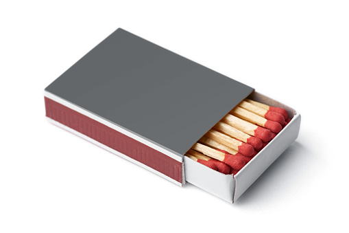 Burnt matches isolated on white. Box of matches. Different stages of match burning Burnt matches.