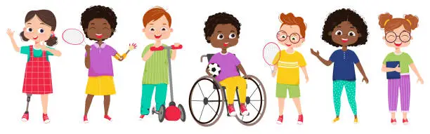Vector illustration of A group of multicultural kids are playing to each other. Children greet a physically challenged, handicapped kids.