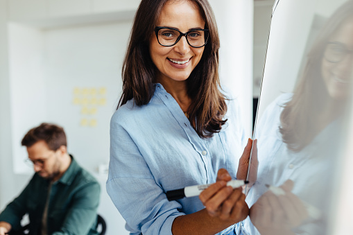 Happy business woman writing her ideas on a board during a meeting in an office. Business woman giving a presentation on a new design project.