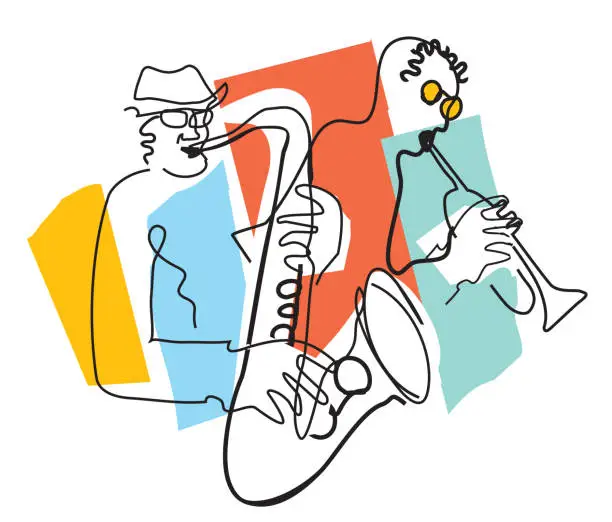 Vector illustration of Jazz theme, trumpet player and saxophonist.