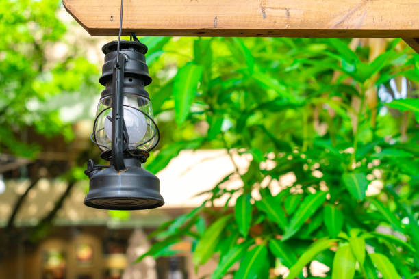 istock Old style burning lantern hanging from tree. stock photo 1480295240
