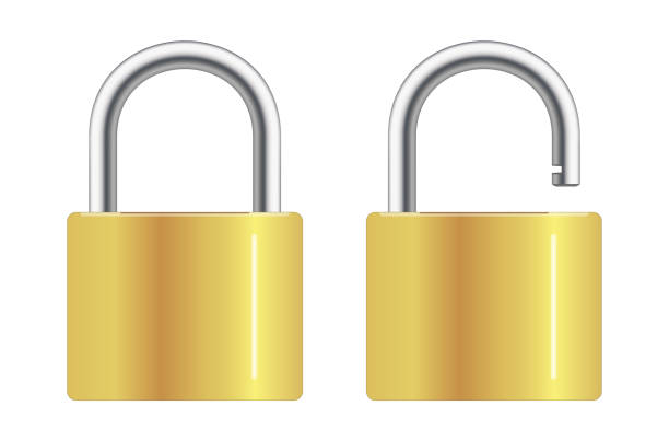 istock Locked and unlocked padlock. Realistic set of golden locks on white background. Vector. 1480297183