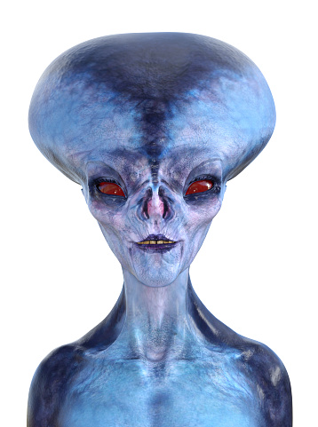 3d illustration of an alien with large red eyes and bright blue skin smiling while looking forward on a white background.